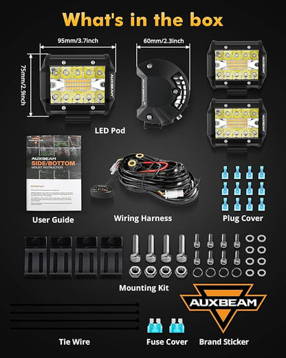 Auxbeam 6 Modes Amber White Series, 4 Packs LED Pod Lights Flash Strobe Warning Multi-Function, 4" 240W Spot Flood Combo LED Offroad Lights, for 4x4 4WD Truck Car Jeep Wrangler