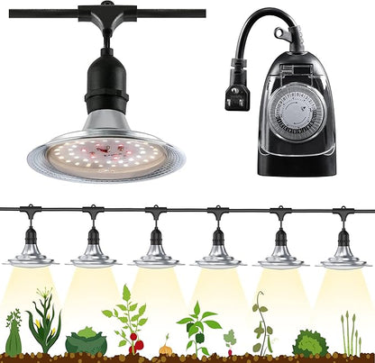 Outdoor LED Grow Light with Timer, 6-Bulbs Full Spectrum Grow Light Strip, Waterproof Plant Lamps, UL Certified String Grow Lights for Greenhouse Garden, 21.3FT Light for Veg Seedling Flower