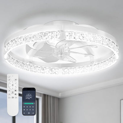 StarryEver 20" Modern Ceiling Fans with Lights, 3000-6500K Dimmable Flush Mount LED Fan Light with Remote and 6 Speeds Fan, Low Profile Ceiling Fans for Bedroom, Living Room, Kids, Kitchen, White