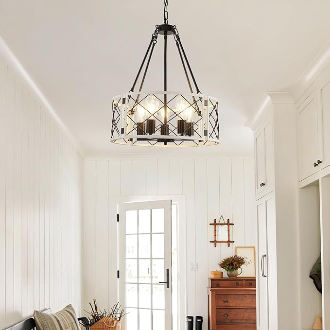 21'' Farmhouse Chandelier, 5-Light Black & Vintage White Dining Room Light Fixture Over Table, Rustic Industrial Drum Hanging Pendant Lights for Kitchen Island Living Room Bedroom Hallway Entryway