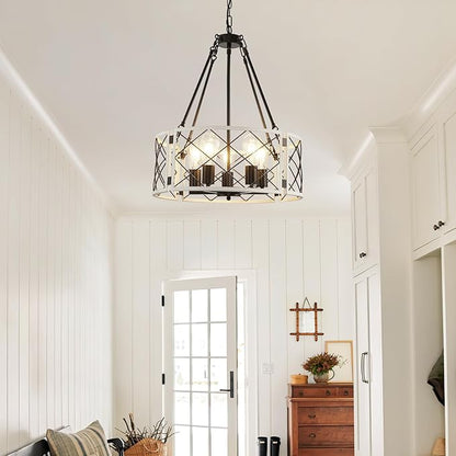 21'' Farmhouse Chandelier, 5-Light Black & Vintage White Dining Room Light Fixture Over Table, Rustic Industrial Drum Hanging Pendant Lights for Kitchen Island Living Room Bedroom Hallway Entryway