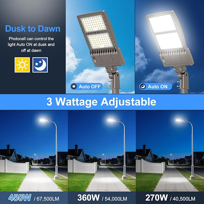 KUKUPPO 450W LED Parking Lot Light Dusk to Dawn 67,500LM, ETL Listed Power Adjustable LED Shoebox Pole Court Light Industrial Outdoor Parking Lighting Slip Fit 5000K IP65 Waterproof 100-277V