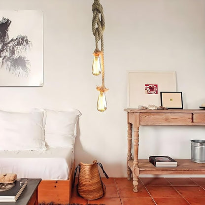 2 Head 1.5 Meter Vintage Hemp Rope Pendant Light Fixture E26/E27 Base, Vintage Ceiling Light Lamp,Retro Style for Dining Hall Restaurant Bar Lighting(Bulb not Included)