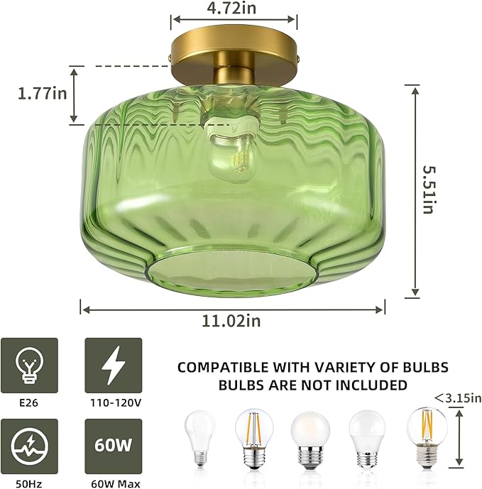 Green Glass Semi Flush Mount Ceiling Light, Luxury Close to Ceiling Light Fixtures with Glass Shade, 11" Round Light Fixtures Ceiling Mount for Bathroom Dining Room Bedroom Living Room Hallway, E26