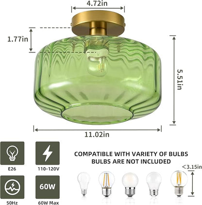 Green Glass Semi Flush Mount Ceiling Light, Luxury Close to Ceiling Light Fixtures with Glass Shade, 11" Round Light Fixtures Ceiling Mount for Bathroom Dining Room Bedroom Living Room Hallway, E26