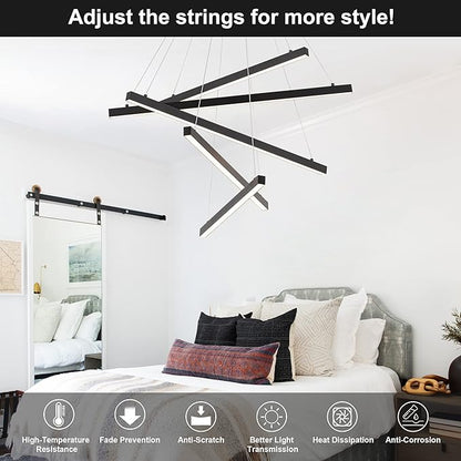 Black Led Modern Pendant Light, 5 Linear Lights led Chandelier Dimmable Hanging Pendant Lighting for Living Dinning Room Staircase Entry Foyer Restaurant