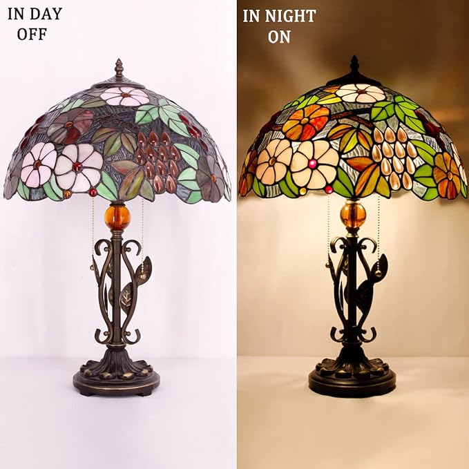 Tiffany Table Lamp Grapes Stained Glass Desk Reading Light 16X16X24 Inch Metal Leaf Base for Bedroom Living Room Home Office