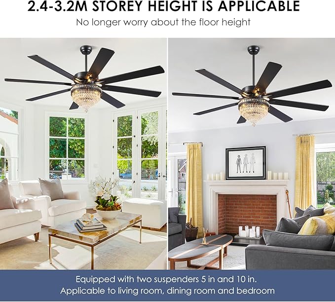 Asyko 72" Crystal Ceiling Fan Fandelier with Lights - Modern Crystal Chandelier Fans with Remote Control,Noiseless DC Motor, Retro/Farmhouse Lighting, Dining Room,Living Room