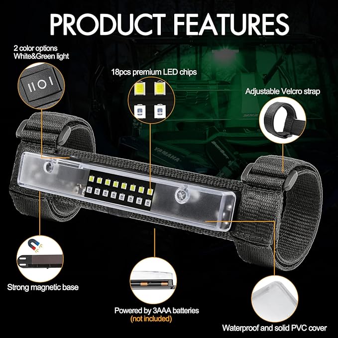 UTV Interior Light, RFROAD LIGHTING Universal Roll Bar Mount LED Light UTV Dome Lights Utility Roll Cage Lights for ATV Polaris RZR Can-Am Truck Car Golf Cart Off Road Cab - White/Green