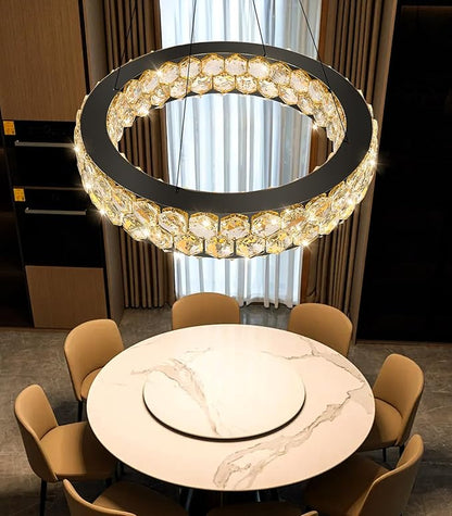 Modern Crystal Chandelier Ring Chandeliers for Dining Room Living Room Round LED Dimmable Ceiling Light Fixture for Bedroom Hallway Foyer Black