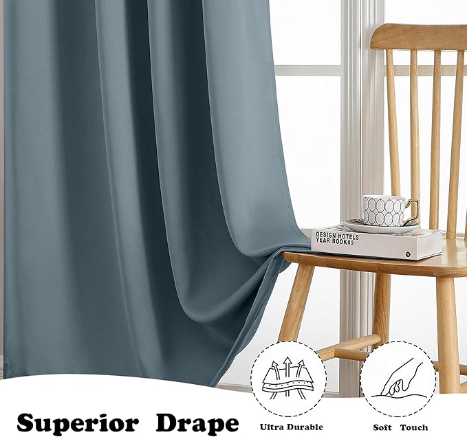 Simplebrand Stone Blue Curtains for Bedroom Living Room 90 Inches Long 2 Panels Set, Room Darkening Thermal Insulated Curtains & Drapes, Solid Grommet Noise Reducing Window Treatment, W50 x L90 Inch