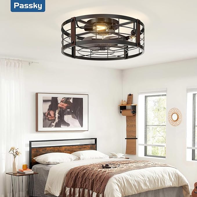 Passky 20" Farmhouse Flush Mount Ceiling Fans with Lights and Remote, Industrial Black Caged Low Profile Fandelier, 6 Speeds Bladeless Ceiling Fan for Bedroom, Kitchen, Living Room