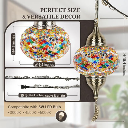 Turkish Moroccan Mosaic Pendant Light - Handcrafted Tiffany Style Swag Lamp with 15ft Cord, Vintage Glass Ceiling Fixture for Mediterranean Decor (Multicolor1)