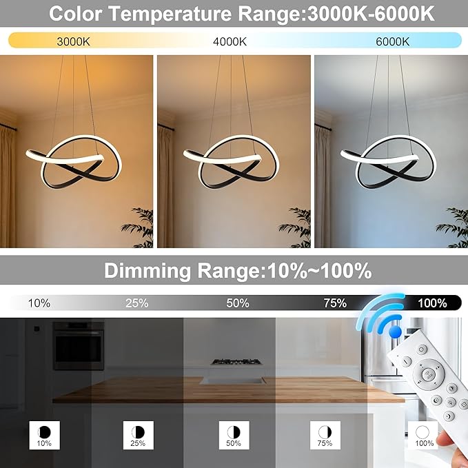 MAYNA Modern Chandelier with Remote Control, Dimmable LED Chandelier with 3 Color Temperature, Adjustable LED Pendant Light for Dining Room Kitchen Living Room Entryway, Black 19.7 inch