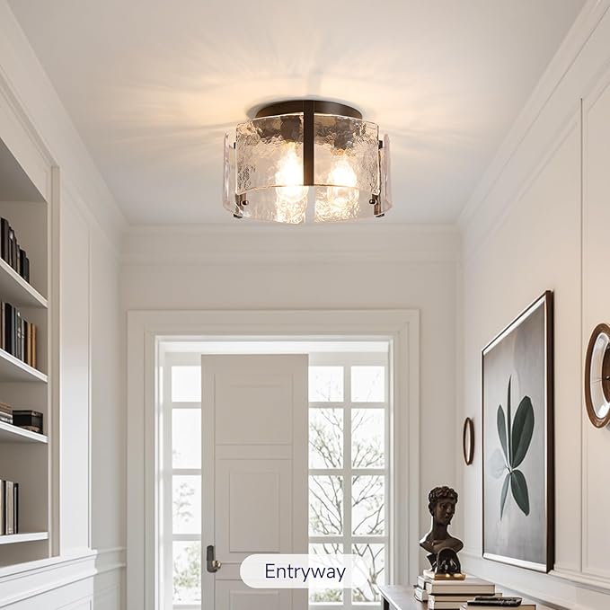 Modern Black Semi Flush Mount Ceiling Light Fixtures, 14" Drum Glass Kitchen Ceiling Light Fixture Mid Century Vintage Lights for Dining Room over Table Hallway Foyer Entryway Bathroom Laundry Bedroom