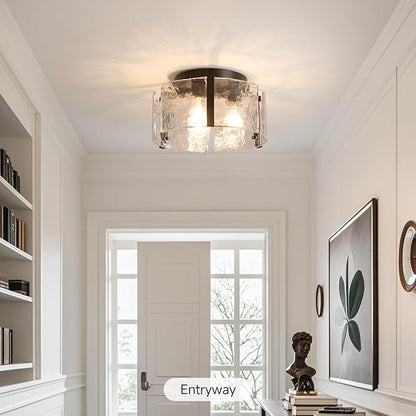 Modern Black Semi Flush Mount Ceiling Light Fixtures, 14" Drum Glass Kitchen Ceiling Light Fixture Mid Century Vintage Lights for Dining Room over Table Hallway Foyer Entryway Bathroom Laundry Bedroom