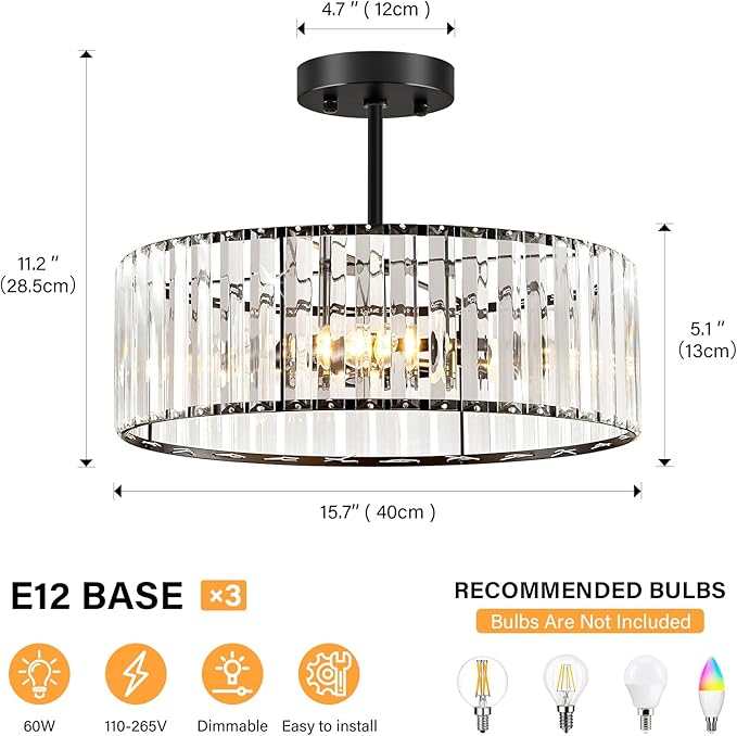 YURNYQ Black Crystal Ceiling Light Fixture, Modern Semi Flush Chandelier, Round Hanging Lighting Chandeliers for Dining Room, Kitchen, Bedroom, 3-Light, 15.74 Inch
