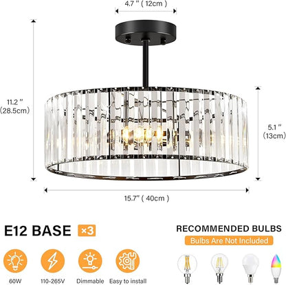 YURNYQ Black Crystal Ceiling Light Fixture, Modern Semi Flush Chandelier, Round Hanging Lighting Chandeliers for Dining Room, Kitchen, Bedroom, 3-Light, 15.74 Inch