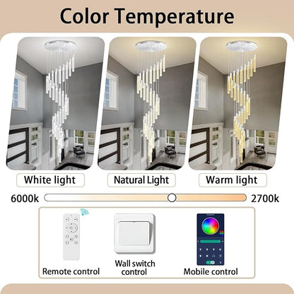 D28inxH177in Long Crystal Column Chandelier Large Staircase Chandelier for High Ceiling 30-Light Dimmable LED Pendant Lighting Foyer Entryway Light Source is Replaceable