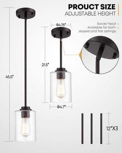 Beionxii Glass Pendant Light | Farmhouse Mini Pendant Lighting for Kitchen Island Dining Room Over The Sink, Oil Rubbed Bronze with Bubble Glass - DMD9002-1H/2PK