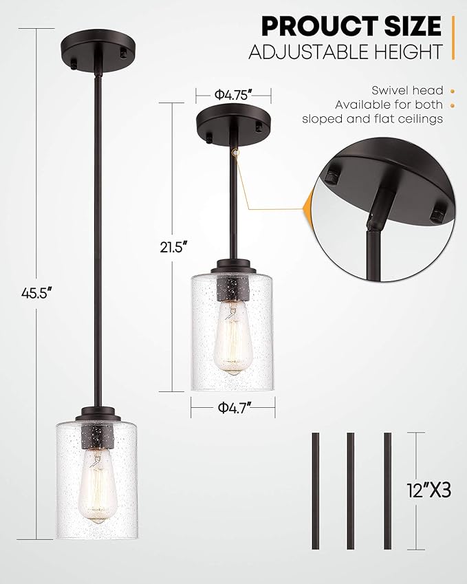 Beionxii Glass Pendant Light | Farmhouse Mini Pendant Lighting for Kitchen Island Dining Room Over The Sink, Oil Rubbed Bronze with Bubble Glass - DMD9002-1H/1PK