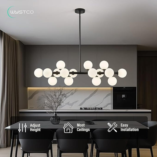 16-Light Globe Sputnik Chandelier, Mid Century Modern Light Fixture Over Table, Black Linear Chandeliers for Dining Room and Kitchen Island (Milk White Glass Bubble Shades, 40 Inch)