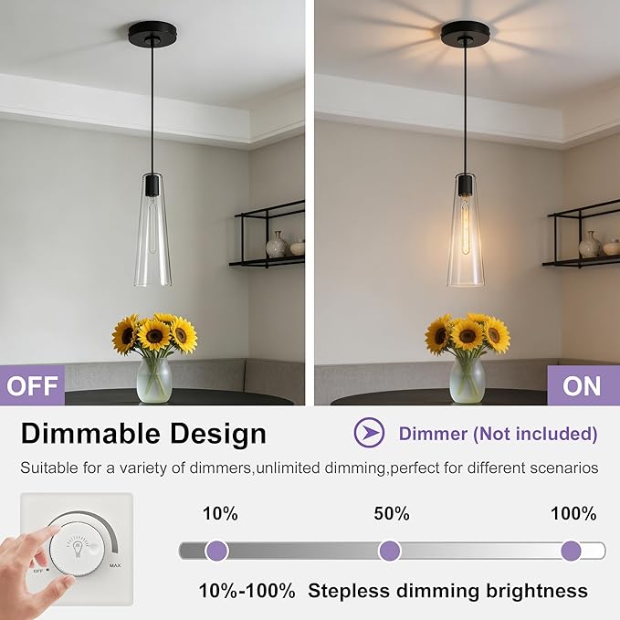 Modern Glass Pendant Lights Kitchen Island, Dimmable Black Pendant Light Fixtures 1 Pack, Adjustable Farmhouse Hanging Light Fixture with Clear Glass Shades for Hallway Dining Room