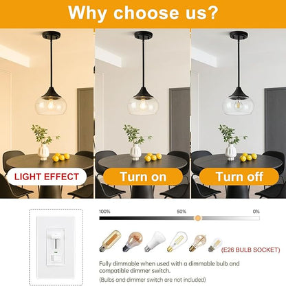2 Pack Pendant Lights Kitchen Island, Modern Black Pendant Light Fixtures with 8.5" Clear Glass Shade, Industrial Hanging Pendant Lights Fixture for Kitchen Island Dining Room Bedroom Hallway Entryway