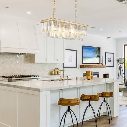 Gold Rectangular Chandelier 31.5 Inch - 8-Light Luxury Modern Crystal Pendant Height-Adjustable Lighting Fixture for Dining Room, Kitchen Island & Bar - Premium K9 Crystals(Gold, L-31.5")