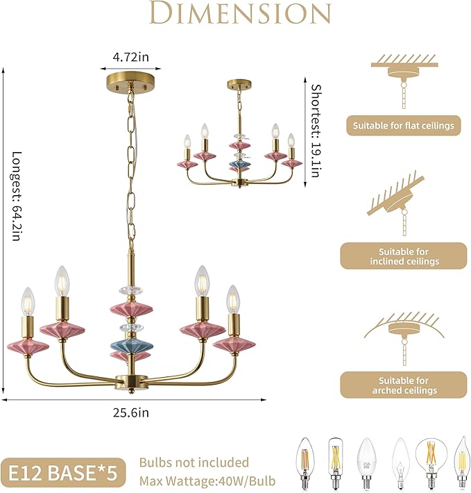 Pink Chandeliers for Dining Room Light Fixture Over Table,5-Light Art Deco Chandelier, Modern Retro Candle Chandelier with Ceramic,Farmhouse Chandelier for Girls Bedroom Living Room, Foyer