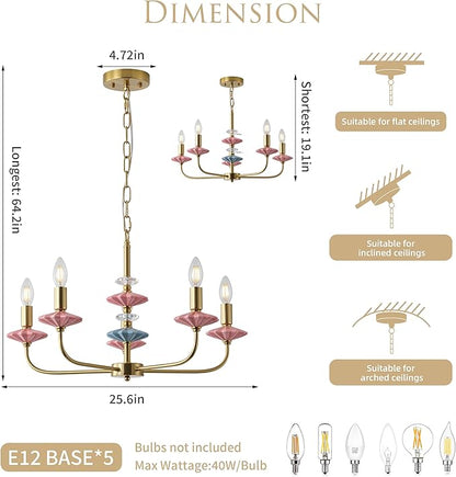 Pink Chandeliers for Dining Room Light Fixture Over Table,5-Light Art Deco Chandelier, Modern Retro Candle Chandelier with Ceramic,Farmhouse Chandelier for Girls Bedroom Living Room, Foyer