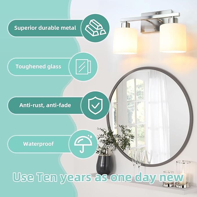SILAMPDI Bathroom Lighting Fixtures Over Mirror Brushed Nickel, Modern 2-Light Vanity Lights Fixtures, Wall Sconces Light for Bedroom, Hallway, Milky White Glass Shades, E26 Base, Bulbs Not Included