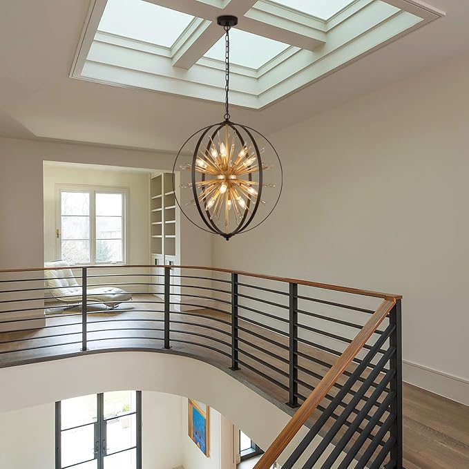 MEIXISUE Modern Sputnik Chandelier,Black Gold Globe Crystal Firework Pendant Light Fixture Industrial 12-Light for Entryway Foyer Kitchen Dining Living Room UL Listed