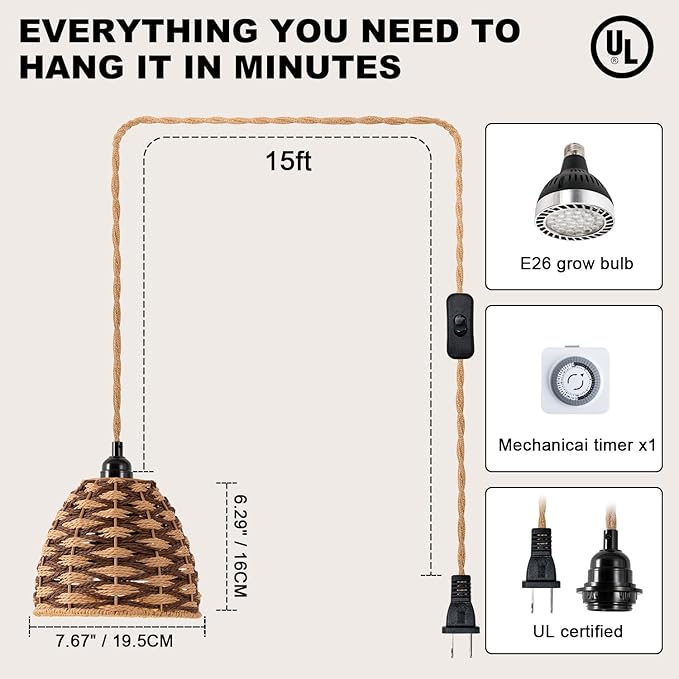 grow lights for indoor plants, full spectrum, automatic timer and 15FT power cord, 30W hanging growth lamp, 4000K plant light used for planting large tall plants, Ficus microcarpa, flowers, greenhouse