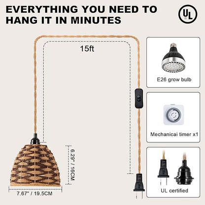 grow lights for indoor plants, full spectrum, automatic timer and 15FT power cord, 30W hanging growth lamp, 4000K plant light used for planting large tall plants, Ficus microcarpa, flowers, greenhouse