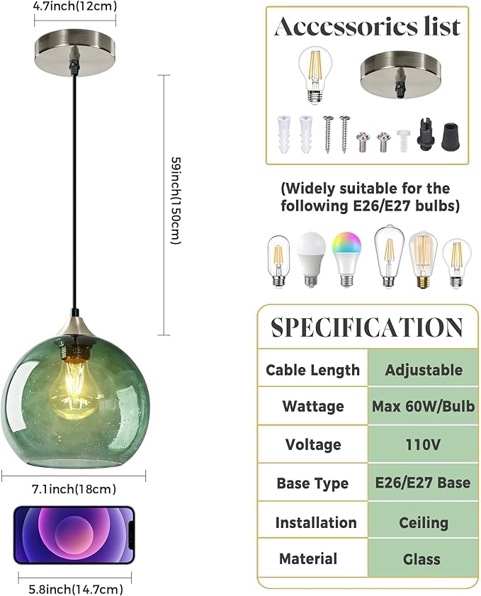 Gray Green Glass Pendant Light, 1 Pack Modern Ceiling Light Fixture with 1 Bulb, 4.92ft Adjustable Cord, Lighting for Kitchen Island, Dining Room, Living Room, Entryway(7.1Inch)