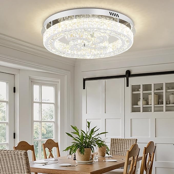 24'' Silver Modern Crystal Chandelier LED Dimmable Flush Mount Crystal Ceiling Light for Living Room Bedroom Dining Room