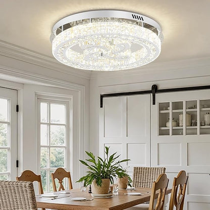 24'' Silver Modern Crystal Chandelier LED Dimmable Flush Mount Crystal Ceiling Light for Living Room Bedroom Dining Room