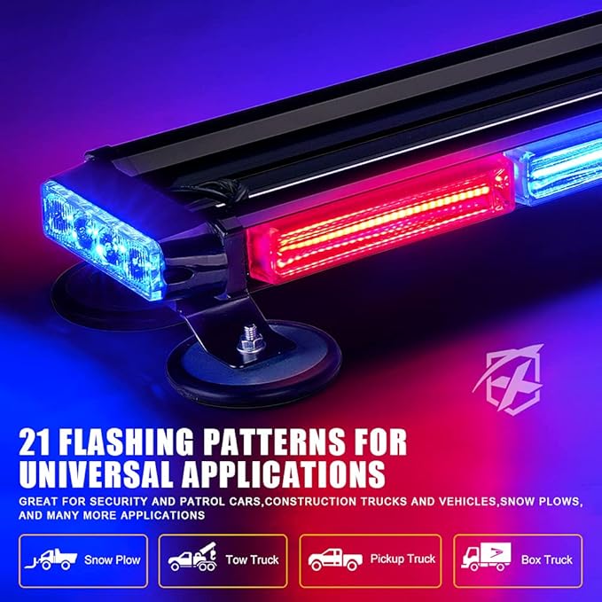 Xprite 26" COB LED Strobe Rooftop Flashing Light Bar, Double Side Hazard Warning Beacon Safety Police Lights w/Magnetic for Emergency Vehicles Cop Cars Trucks Traffic Security Red & Blue