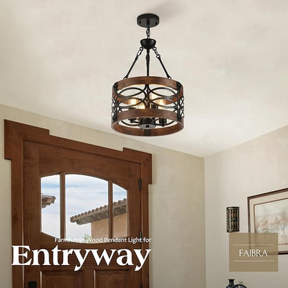 4-Light Farmhouse Drum Wood Pendant Light 13.8'' Vintage Rustic Brown Oak Wood Chandeliers,Retro Industrial Hanging Light Fixtures for Dining Room Entryway, Bedroom