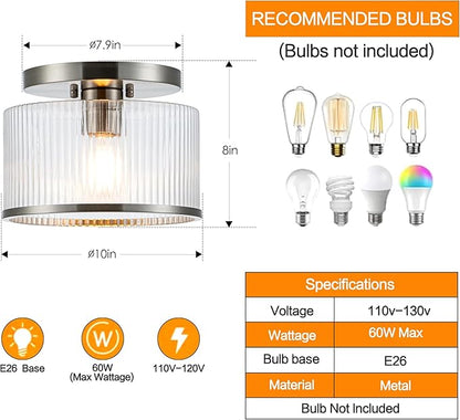 Zlepmlla Glass Ceiling Light, Clear Ribbed Glass Ceiling Light Fixture with Nickel Metal Frame, Modern Semi Flush Mount Ceiling Light for Hallway,Entryway, Bedroom, Bathroom, Kitchen