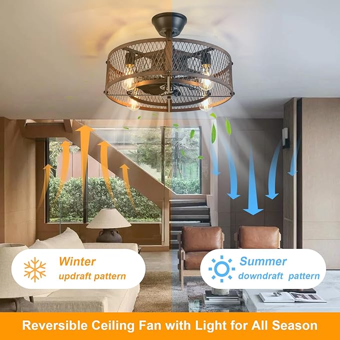 Depuley Outdoor Ceiling Fan with Light: 20" Caged Ceiling Fans with Remote Control for Patio Kitchen Bedroom - Farmhouse Fandelier Flush Mount Lights Fixture Reversible 6 Speed Timer Walnut