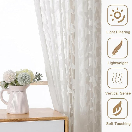 Gwine Ivory Sheer Curtains 30 Inch Length, Light Filtering Leaf Clip Jacquard Textured Short Cafe Curtains, Rod Pocket Half Window Curtain for Bathroom Basement RV Camper, 42x30 Inch, 2PCS