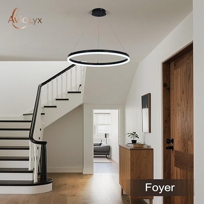 Modern LED Chandelier Black High Ceiling Ring Chandeliers with Remote Control Circular Pendant Light Dimmable for Dining Room Living Room Bedroom Hallway Kitchen Island(3000K-6500K D23.6)