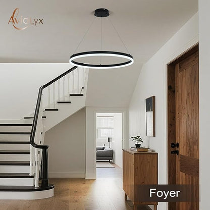 Modern LED Chandelier Black High Ceiling Ring Chandeliers with Remote Control Circular Pendant Light Dimmable for Dining Room Living Room Bedroom Hallway Kitchen Island(3000K-6500K D23.6)