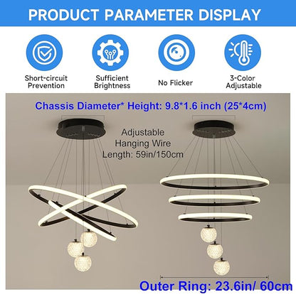 ORANOOR LED Modern 3 Ring Chandeliers for Dining Room, 24in Dimmable Kitchen Pendant Lamp, Black Dining Room Light Fixtures Ceiling Hanging Over Table, Globe Round Chandeliers for Living Room Bedroom