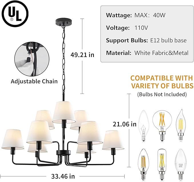 Farmhouse Chandeliers for Dining Room with White Fabric Shades,33”Black Light Fixture Chandelier,9-Lights entryway chandelier for foyer,2 Tiered Lantern Farmhouse Pendant Light for Living Room,Kitchen