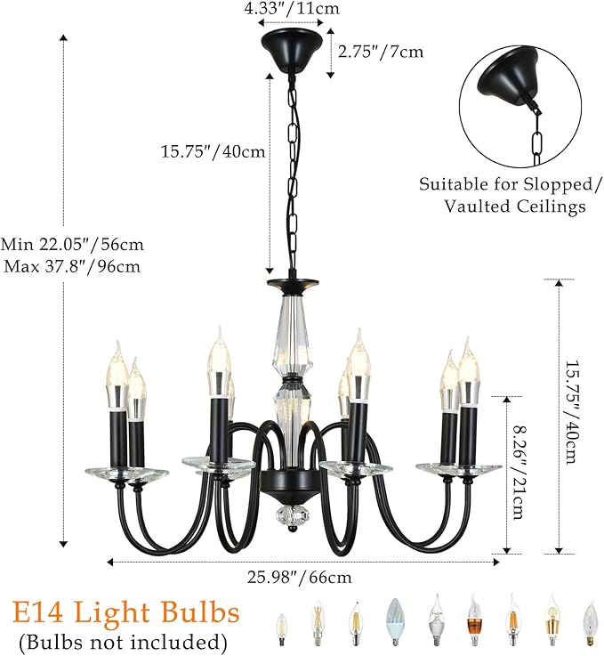 Black Chandelier, 8-Light Farmhouse Candle Chandelier for Living Room, Rustic Industrial Pendant Chandeliers for Dining Room, Vintage Crystal Hanging Light fixture for Hallway Kitchen Foyer E12