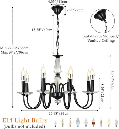 Black Chandelier, 8-Light Farmhouse Candle Chandelier for Living Room, Rustic Industrial Pendant Chandeliers for Dining Room, Vintage Crystal Hanging Light fixture for Hallway Kitchen Foyer E12