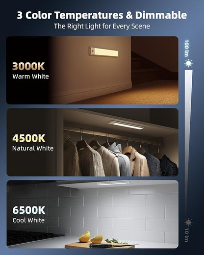 10inch Under Cabinet Lighting, 6-Pack Rechargeable Motion Sensor Light Indoor, Magnetic Closet Lights, Dimmable & 3 Color Temps, Wireless Under Counter Lights for Kitchen, Stairs